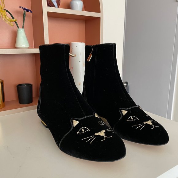 CHARLOTTE OLYMPIA Black Velvet Cat Embroidered Ankle Boots Size 38.5 - Picture 4 of 8
